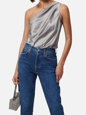 Cami NYC Women's Silver Silk Solid Draped One-Shoulder Darby Bodysuit Size XS
